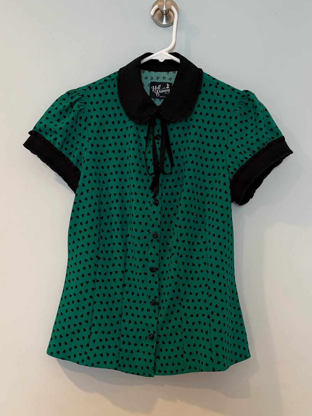 Modcloth Hell Bunny Green Heart-Print Peter Pan Collar Paradisum Blouse